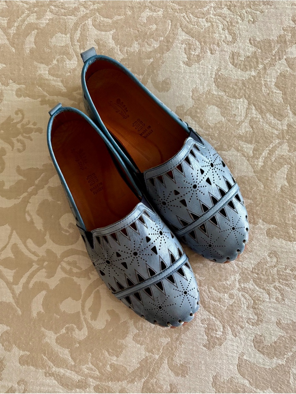 Spring Step Blue Laser-Cut Leather Slip-Ons